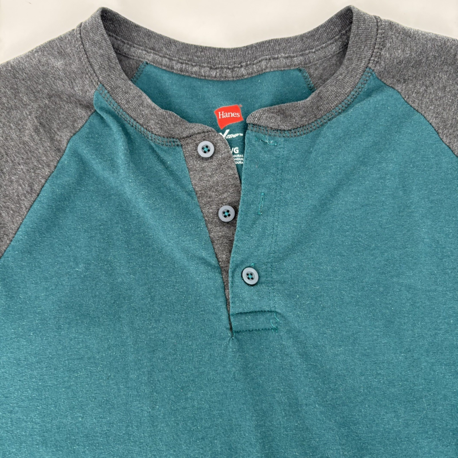 Hanes Raglan Henley Long Sleeve Shirt Teal Gray Colorblock Cotton Mens