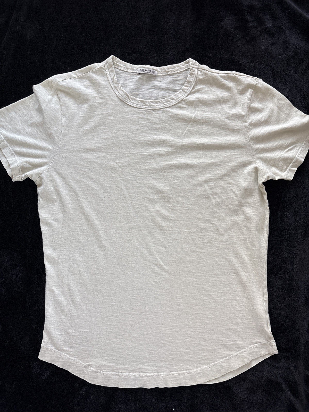 Buck Mason Slub Curved Hem Crew Neck Tee Off White Cream Mens Small Made In USA