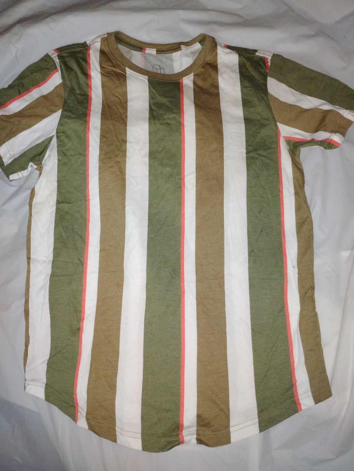 Original Use Green Brown White Striped Short Sleeve Curved Hem T-Shirt, Childs S