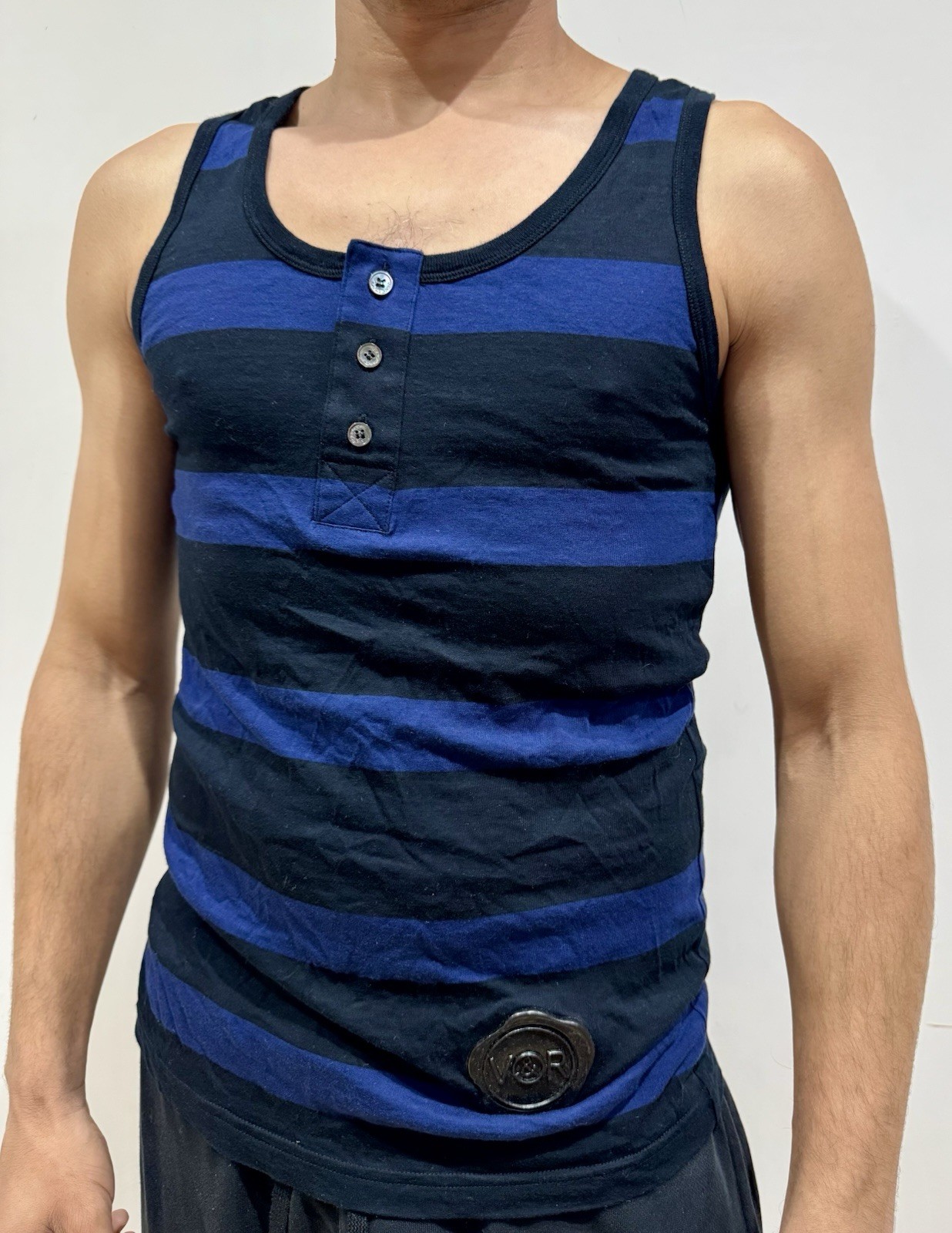 Viktor & Rolf Monsieur Men’s Black Blue Striped Hem Logo Jersey Tank Vest Top 48