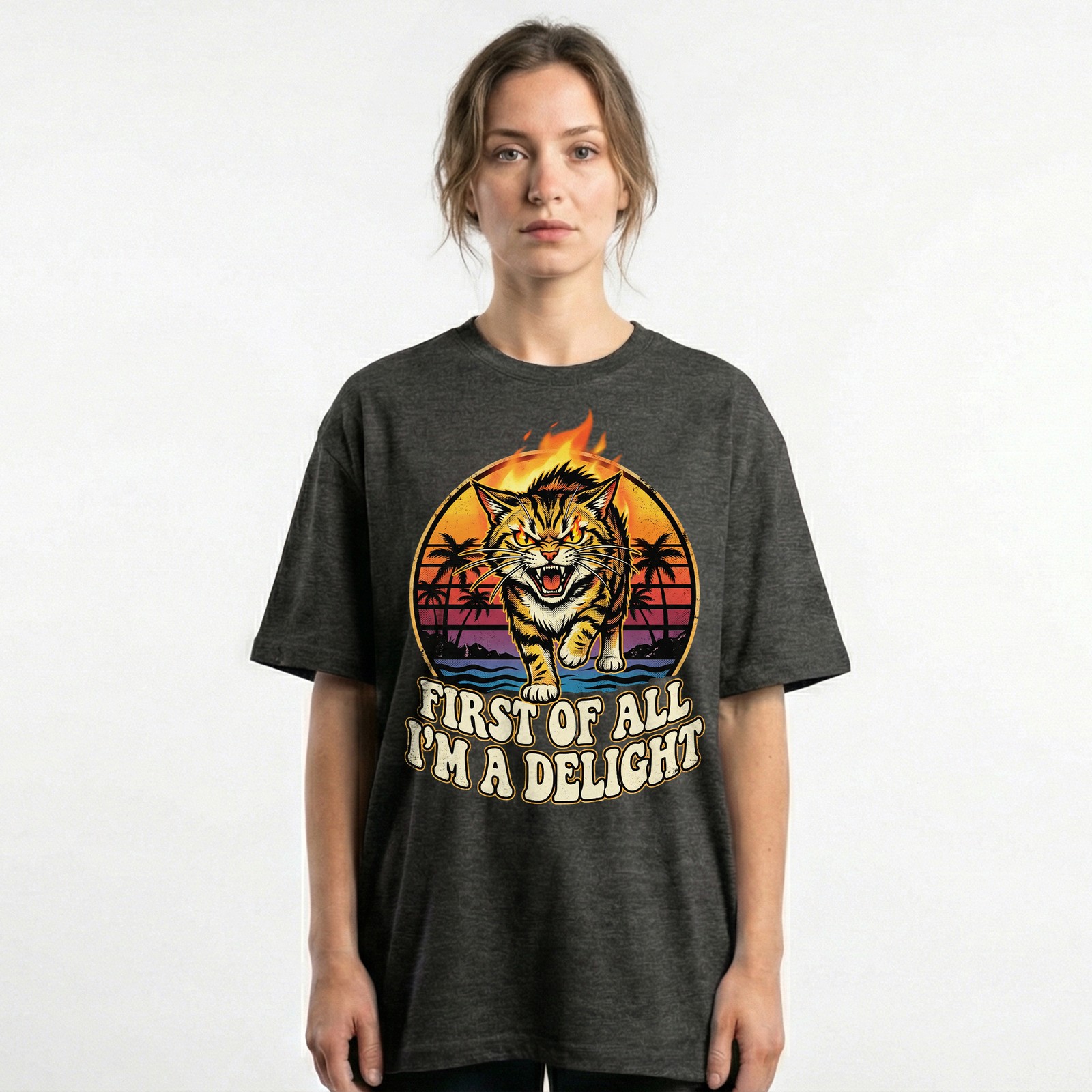 Angry Tiger Fire Eyes Tropical Beach Tee Retro Sunset Palm Trees T-Shirt