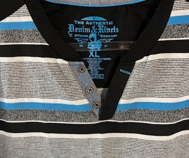 Denim & Rivets Men’s XL Striped Short Sleeve Shirt Black Yoke 2 Button Placket