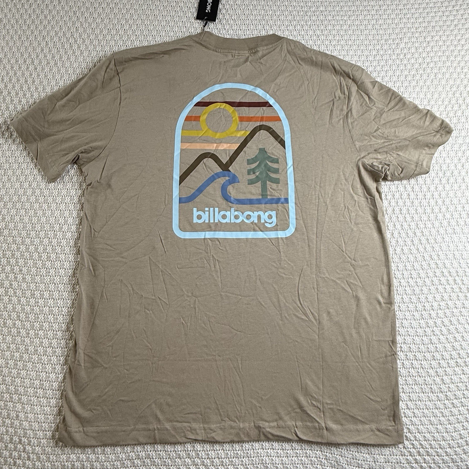 Billabong Men’s Sz L Tan Retro Stripes Graphic Surf T-Shirt 100% Cotton Casual