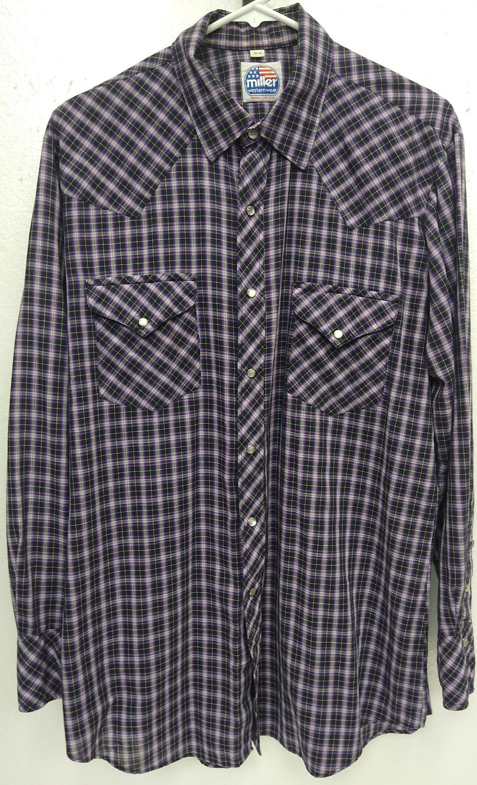 MILLER WESTERN WEAR Stud Snap Close Lg Sleeve, 3 snap cuff SZ161/2-34 BLUE PLAID