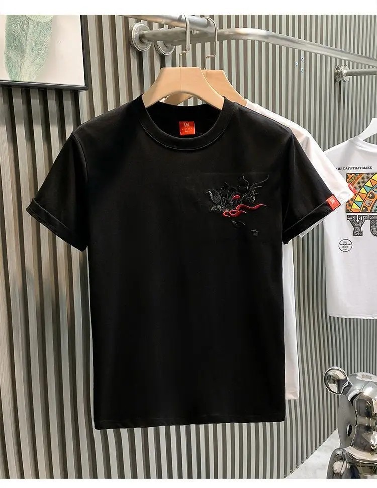 Men’s Mythical Dragon Kirin Embroidery Short Sleeve Casual Summer T-Shirt