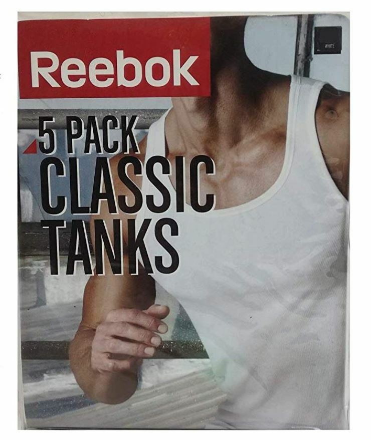 NEW*Reebok Men’s 5 Pack Cotton Classic Ribbed Tanks Undershirts, White, Medium