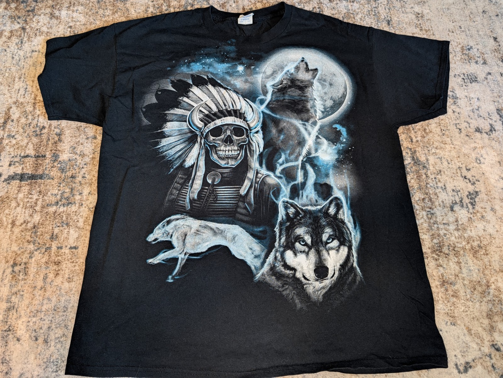 Wolf Skull Graphic T Shirt Mens XL Black Moon Lightning Native Style Gildan Tee