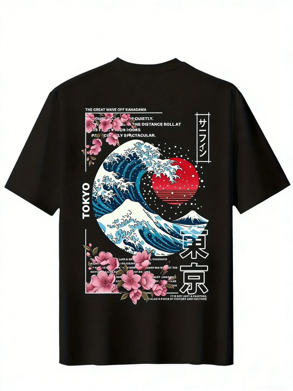 Tokyo Great Wave Off Kanagawa T-Shirt Japanese Art Sakura Graphic Tee，Back Print