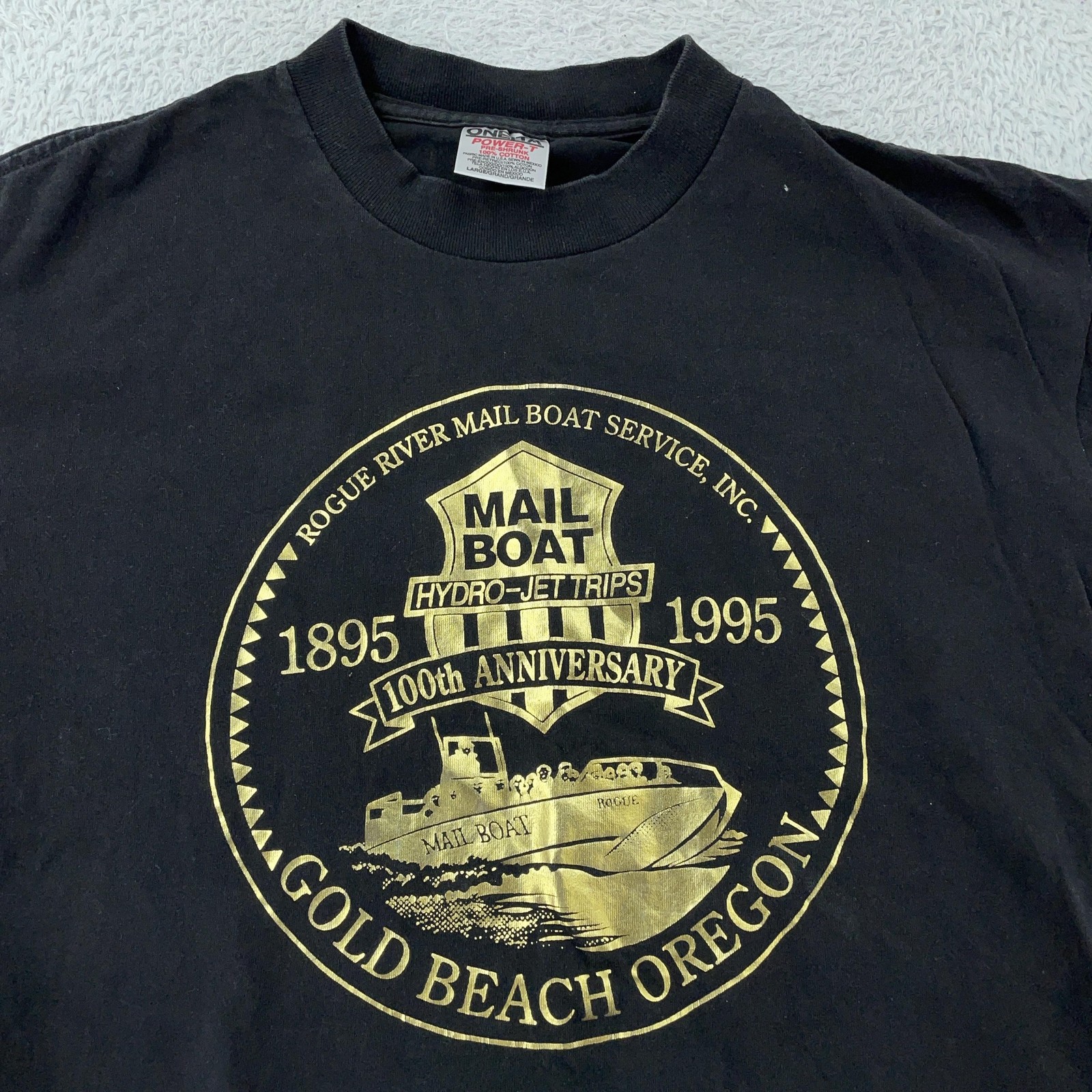 Vintage Rogue River Mail Boat Shirt Mens CROP FIT S/M 100th Anniversary 90s