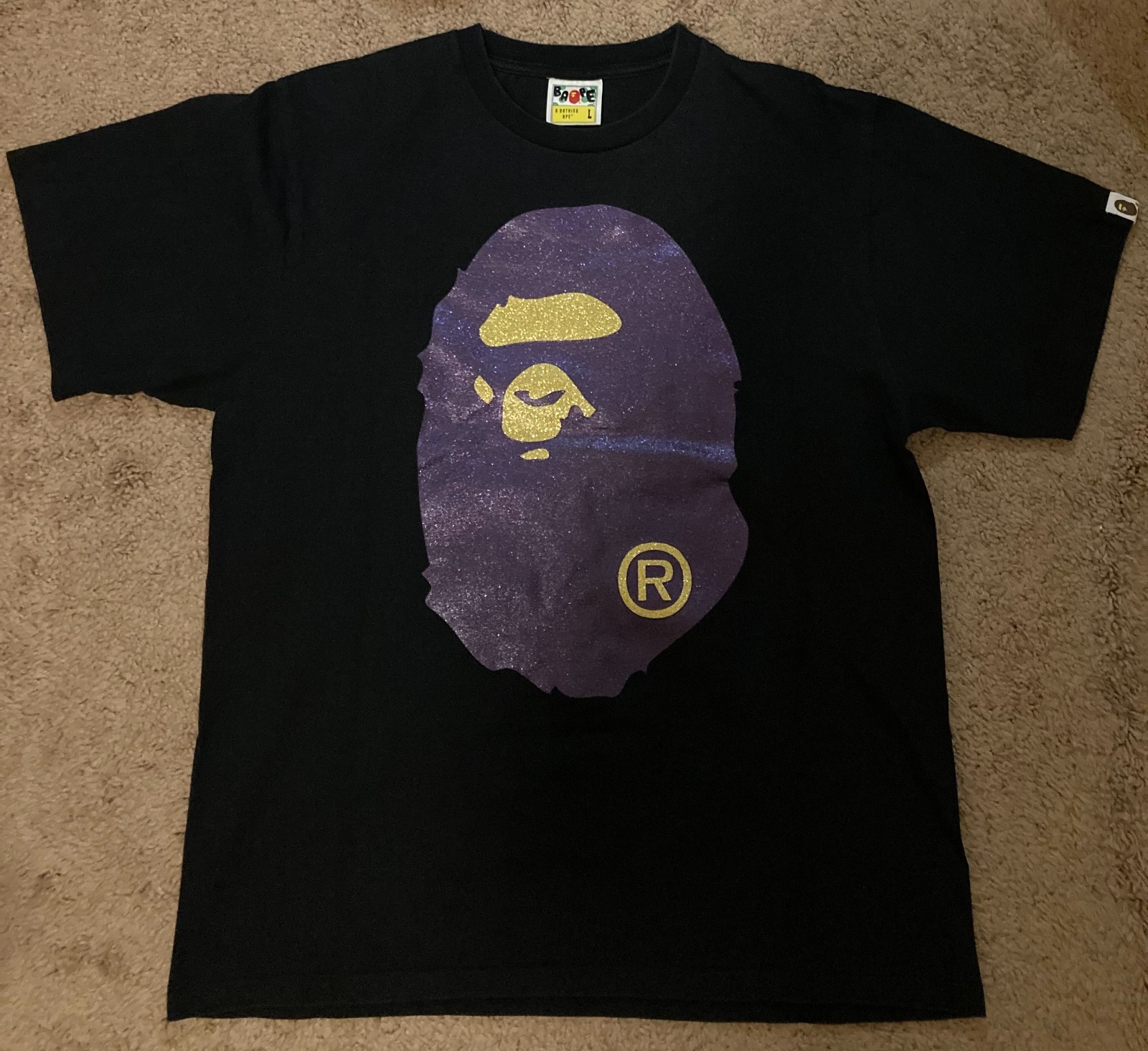 BAPE Big Face Logo Shirt black metallic gold/purple, sz Large bathing ape lakers