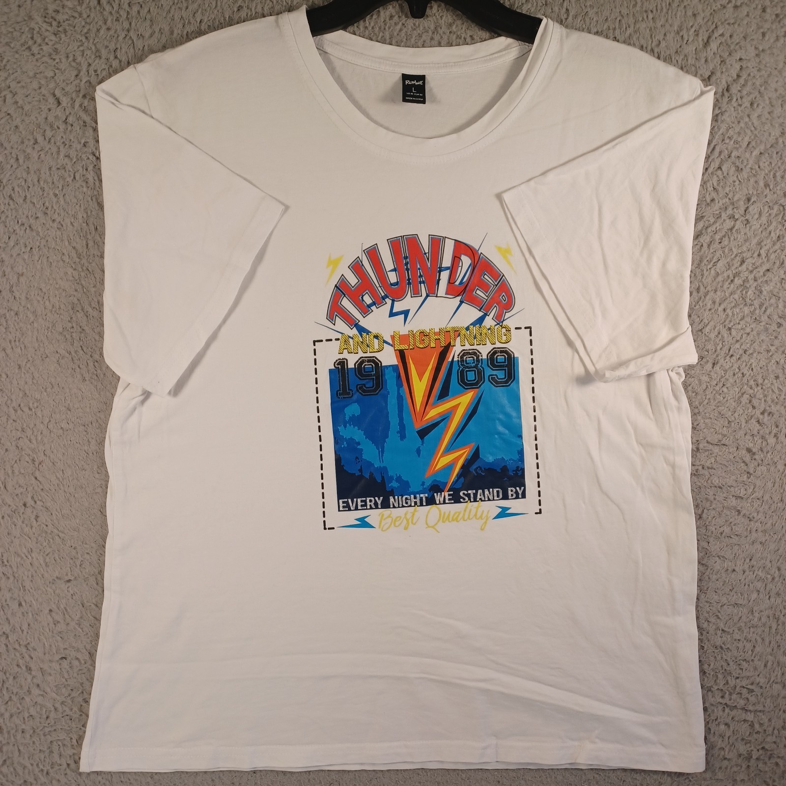 ROMWE Thunder And Lightning Mens White T-Shirt Size Large 1989 Best Quality Soft