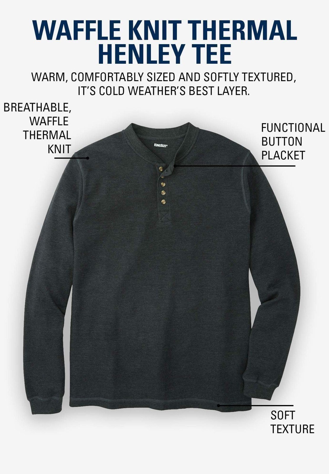 KingSize Men’s Big & Tall Waffle-Knit Thermal Henley Tee – Big – 7XL, Heather…