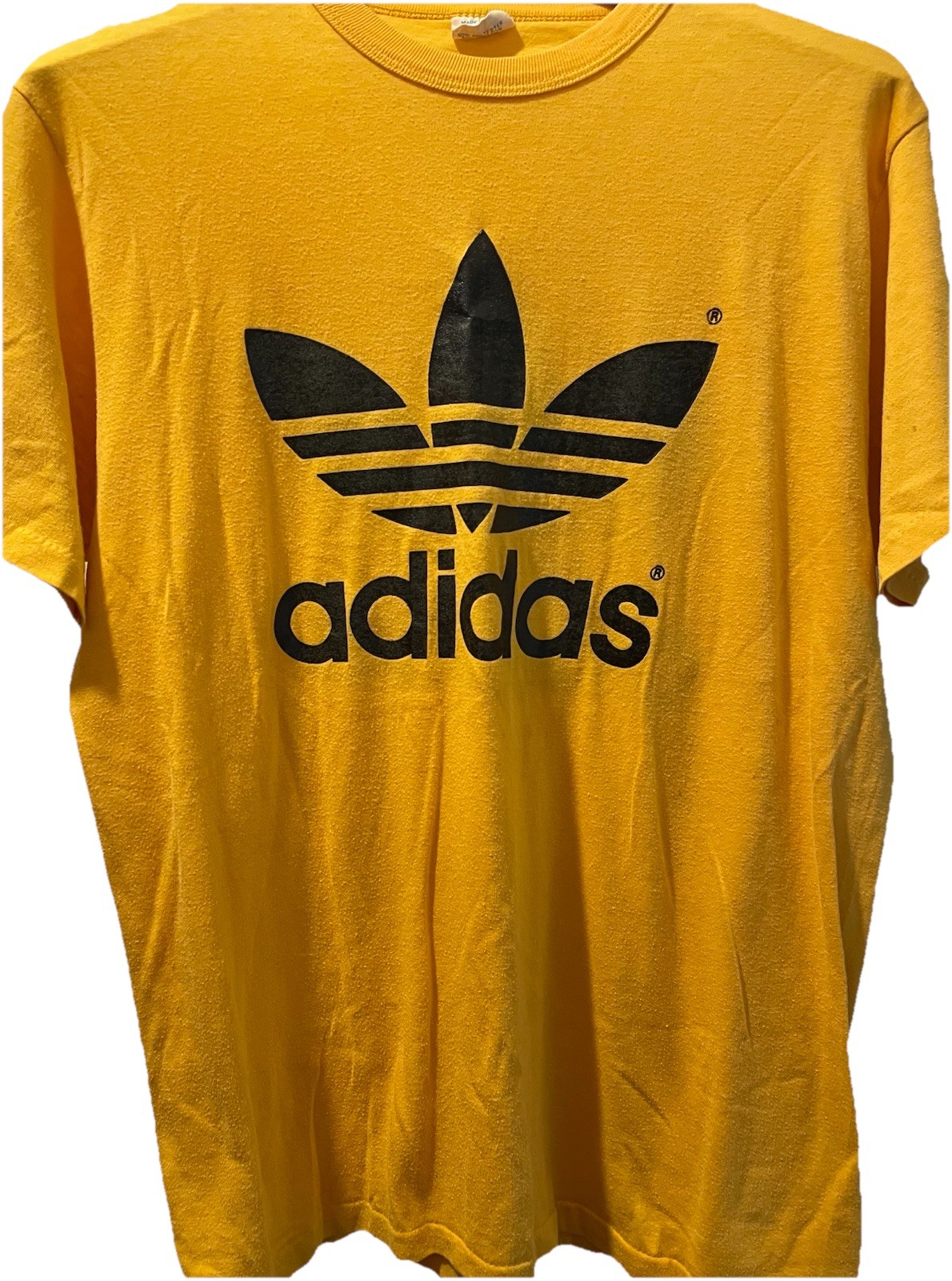 Vintage 80s ADIDAS Trefoil Logo Double Sided T Shirt 50/50 Mustard Yellow L/XL