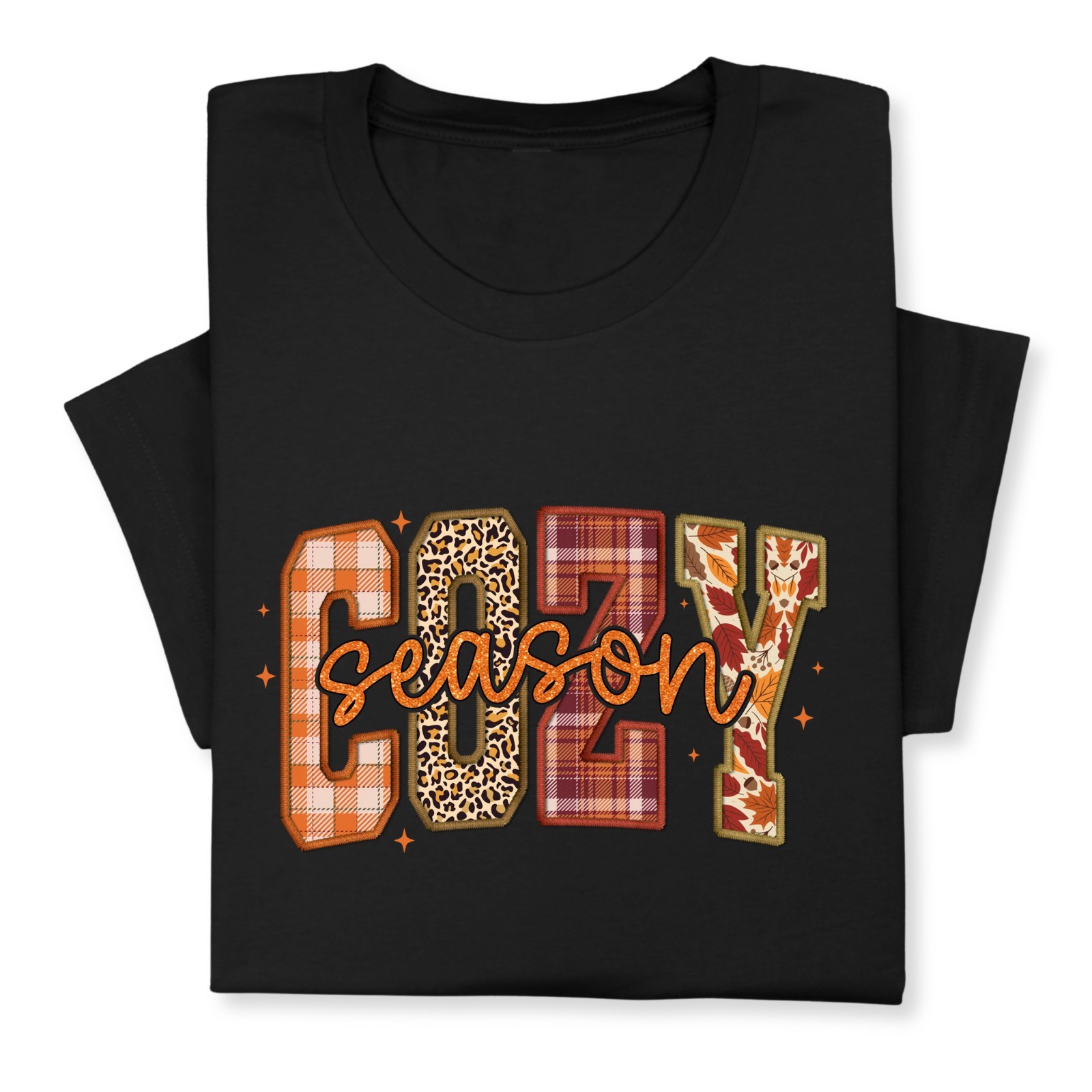 Cozy Season Fall T-Shirt – Autumn Plaid & Leopard Patchwork Tee