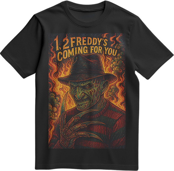 1,2 freddy’s coming for you graphic tshirt, vintage movie shirt
