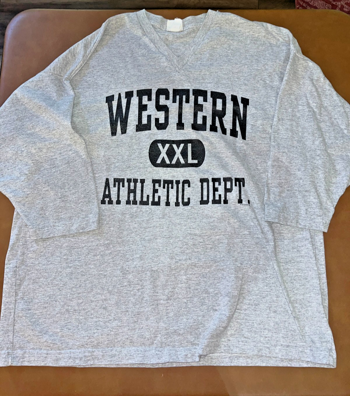 VINTAGE WESTERN XXL ATHLETIC DEPT. HALF SLEEVE T-SHIRT Grey V-Neck College WIU