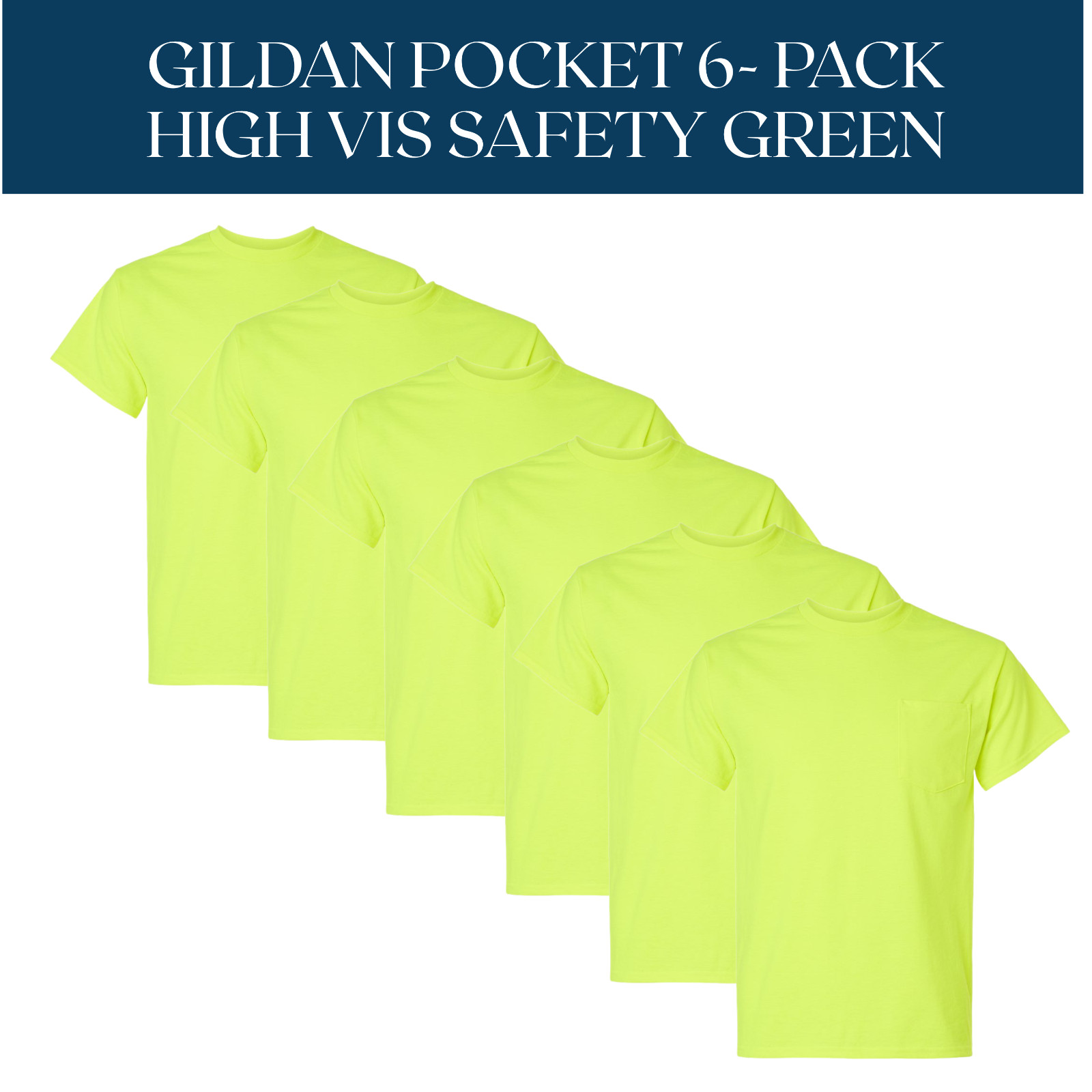 6 Pack Gildan POCKET Tshirts 100% Cotton High Vis Safety Green Unisex Crew Neck