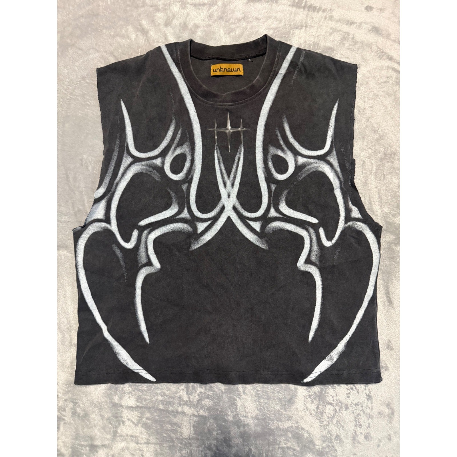 Unknown London Muscle Tee Mens L Black Tribal Graphic Y2K Streetwear Tank Top