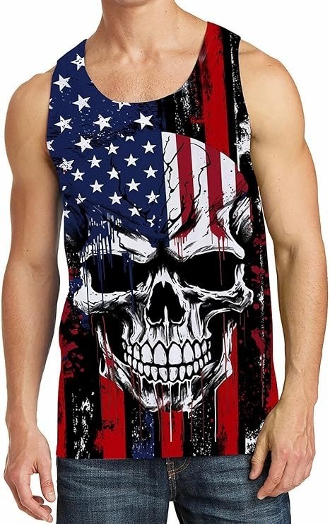 American Flag Skull Tank Top Men 3D Patriotic USA Sleeveless Workout Gym Shirt