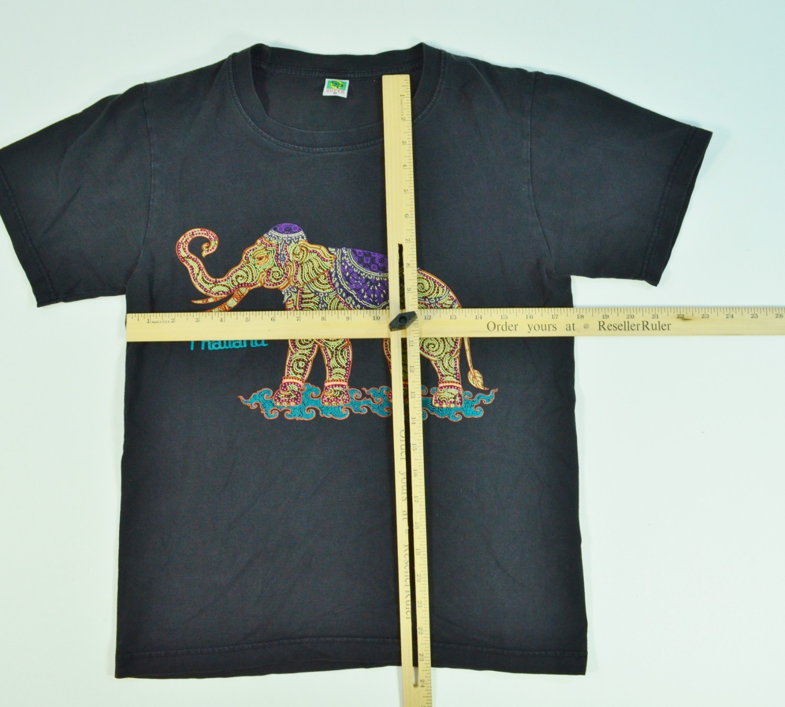 Vintage Thai Thailand Elephant Double Sided 90’s Medium Black Shirt “Beaded Art”