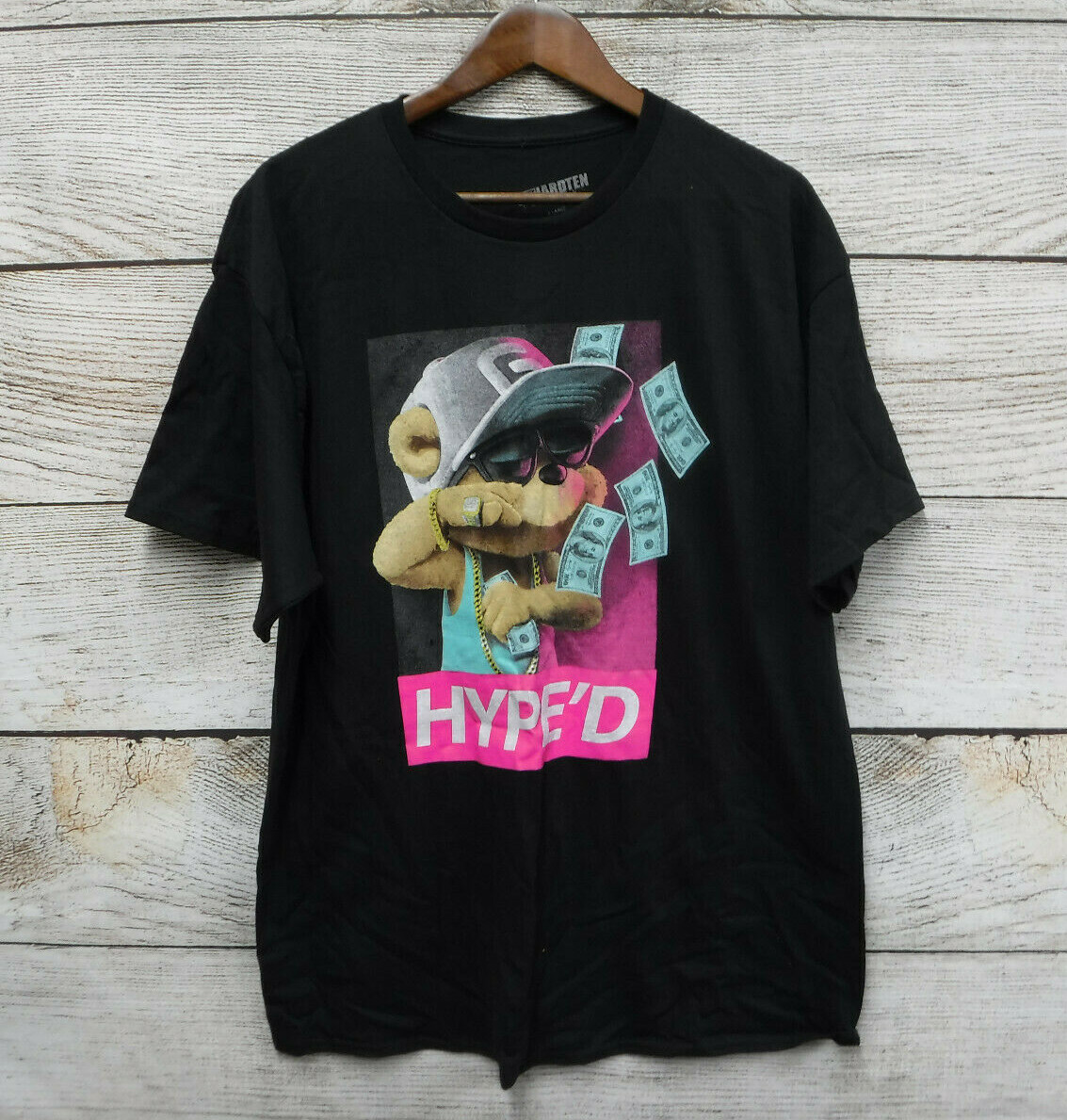 Hard Ten Shirt Mens Large Black Hyped Bear 100 Dollar Bills Slim Fit T-Shirt New