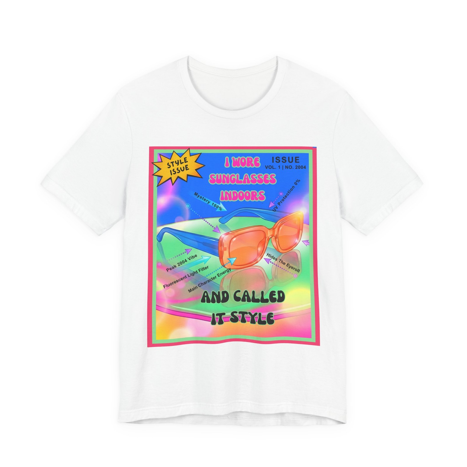 Y2K Aesthetic Magazine Tee Sunglasses Indoors Style Parody Shirt Sarcastic Retro