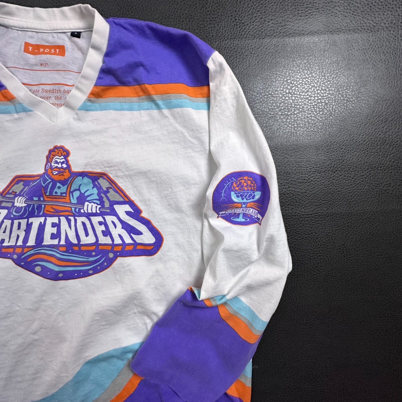 T Post Jersey Mens Small White Hockey Bartender Cirkus Norrland Swedish Festival