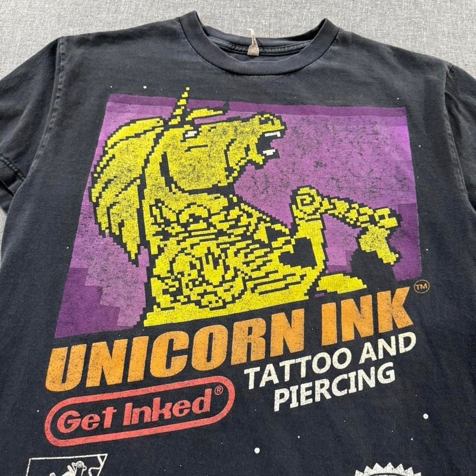 Unicorn Ink Tattoo & Piercing Studio T-shirt Nintendo Parody Black Mens Medium