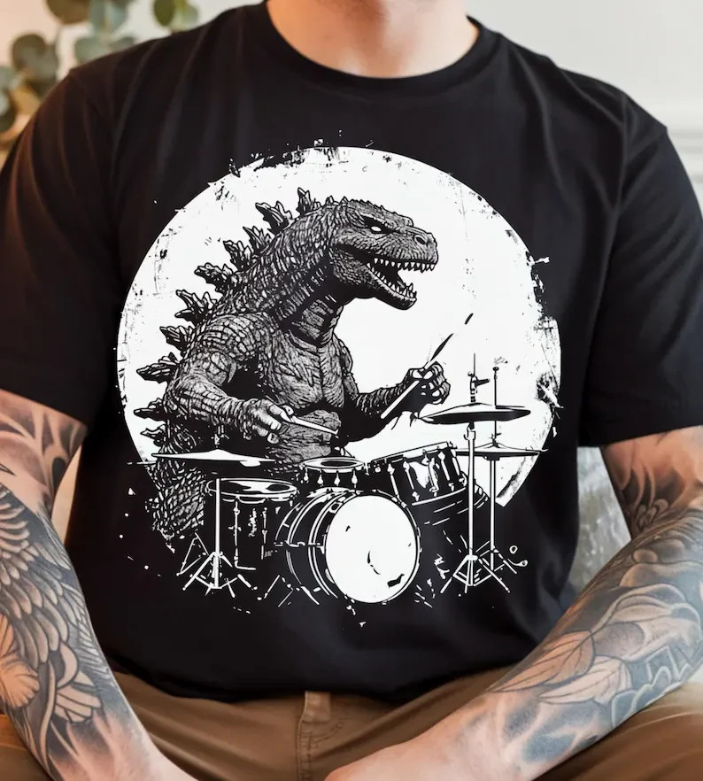 Godzilla Drummer Tee – Fun Music Shirt