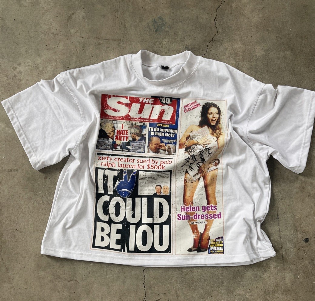 Y2K Graphic Print T-Shirt Men Oversized Streetwear Newspaper Punk Top White Tee