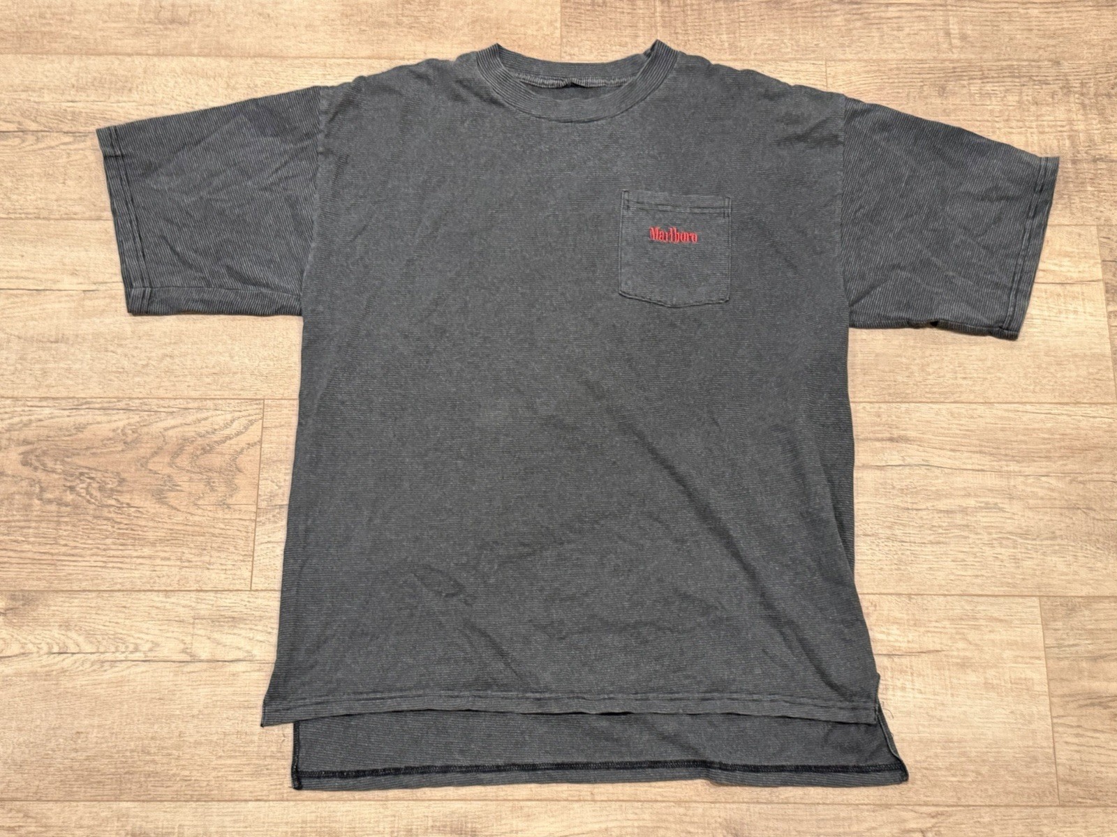 Vintage 90s Marlboro Unlimited Gray Striped Embroidered Pocket T Shirt See Pics