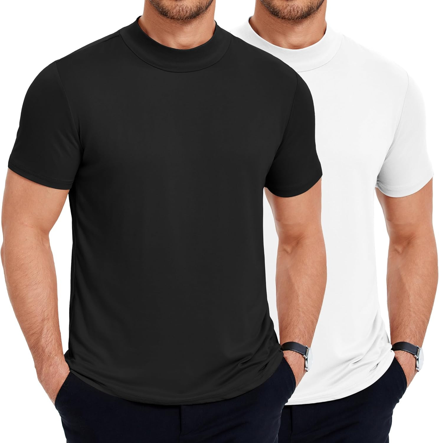 Men’S Mock Neck T Shirt Short Sleeve Slim Fit Basic Casual T-Shirts Solid Color