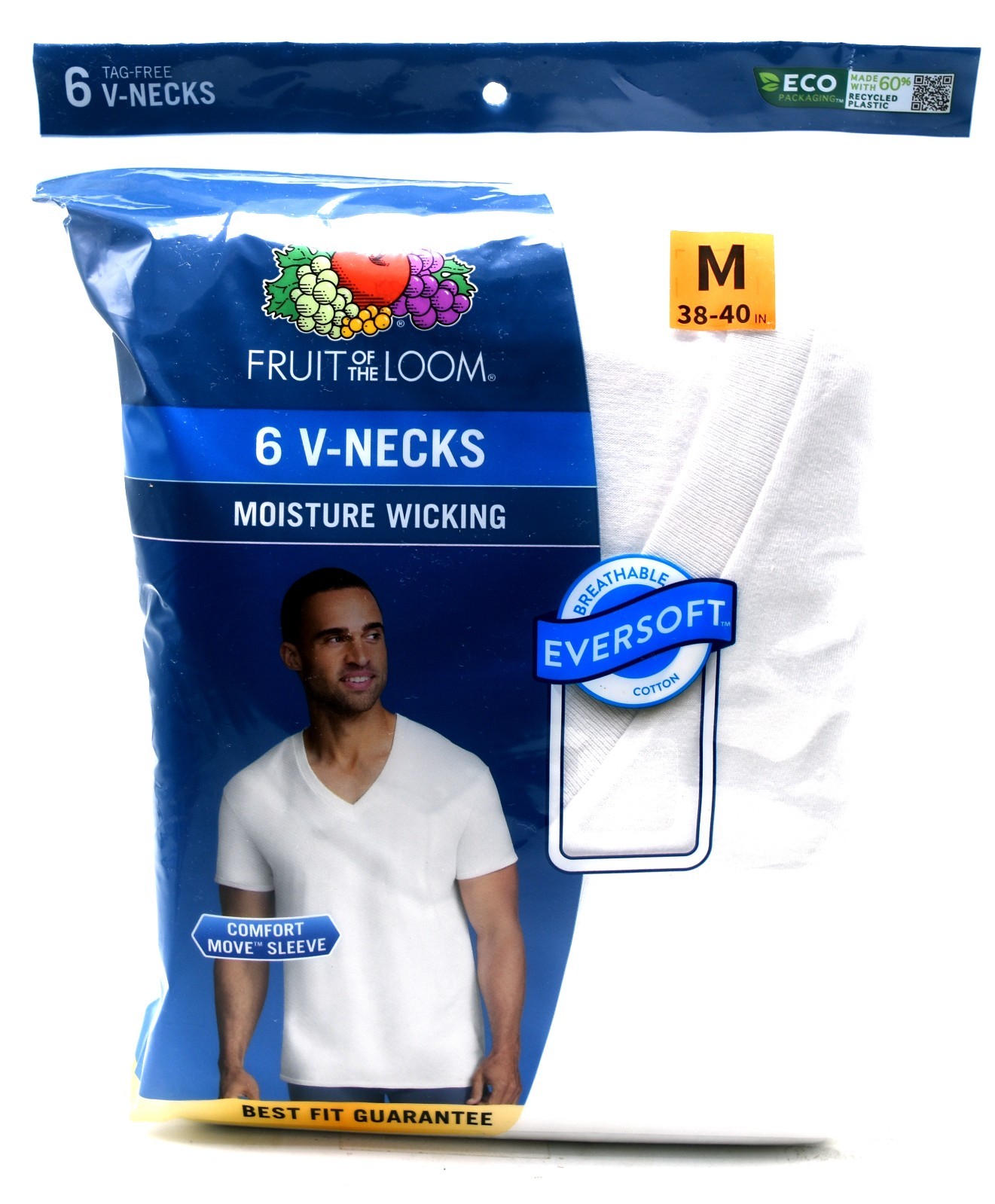6 White Medium M 38-40 Inch V-Neck T-Shirts Fruit Of The Loom M 97-102 CM