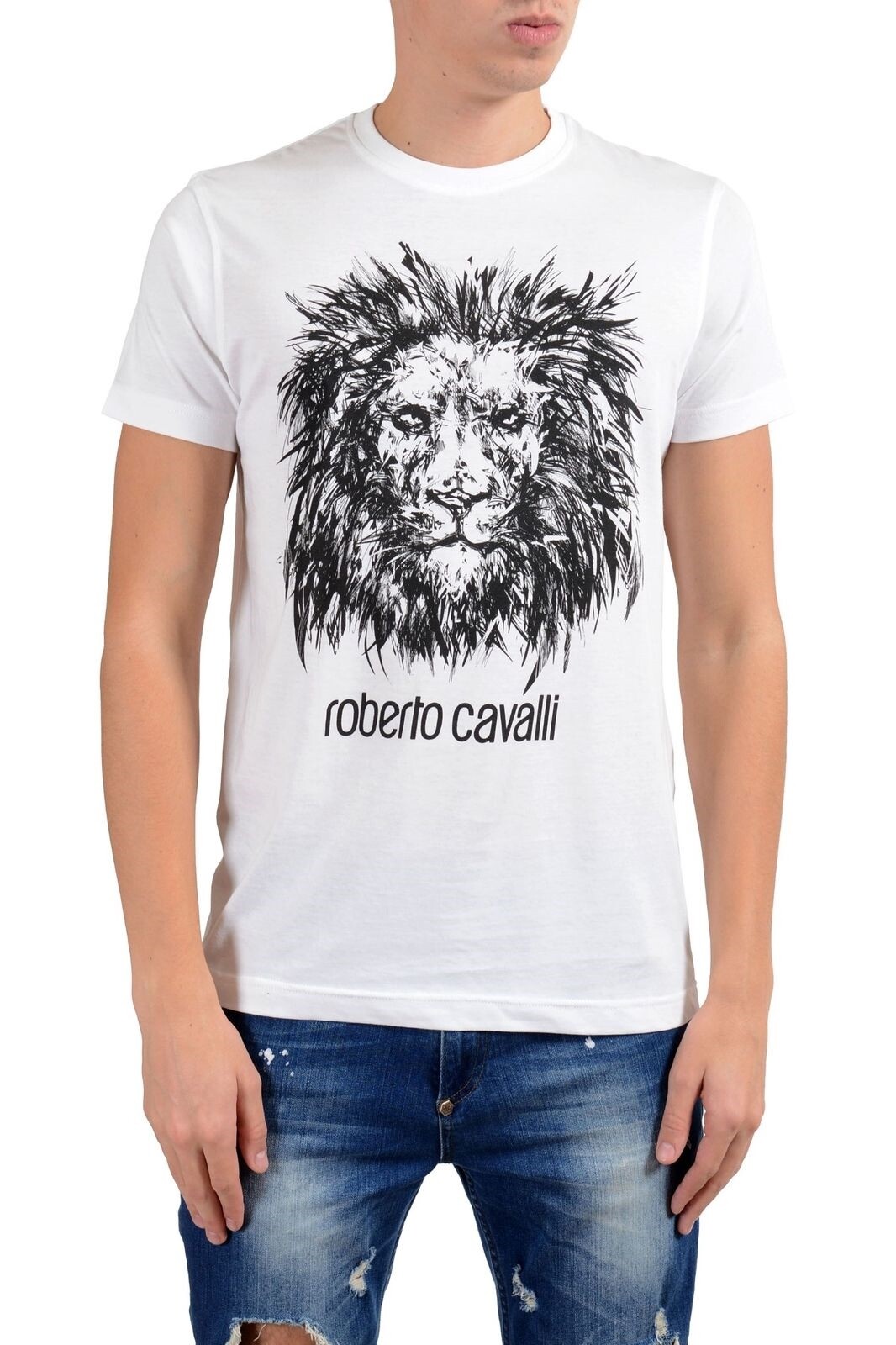Roberto Cavalli Men’s White Graphic Lion Crewneck T-Shirt Size S M L XL 2XL