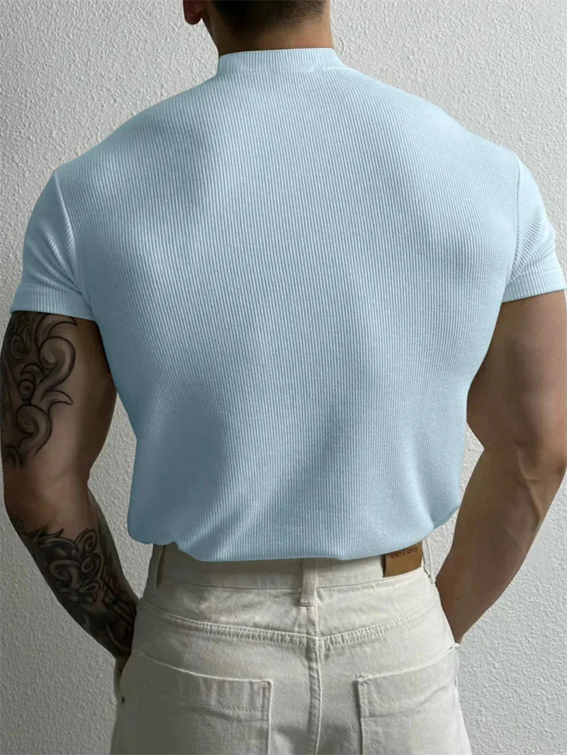 Men T Shirt Stripe Print Short Sleeve Elastic Fit High Collar Sport Gym Training