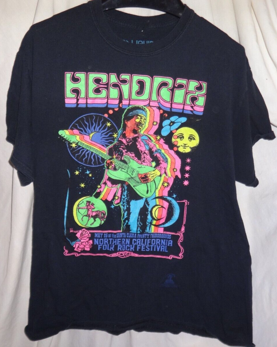 Liquid Blue Jimi Hendrix Shirt Purple Haze Rainbow Neon Rare SS Black Sz L