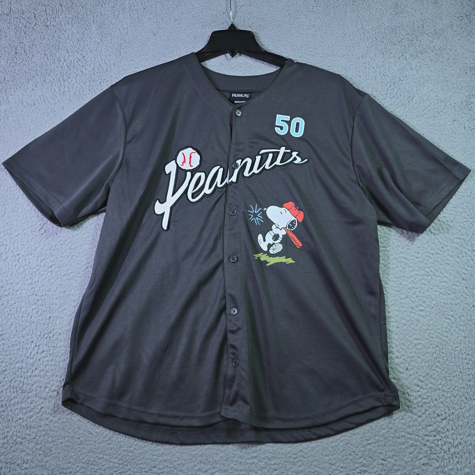 Peanuts® Snoopy Baseball Jersey shirt Mens XL Black Charlie Brown Button Up NWT