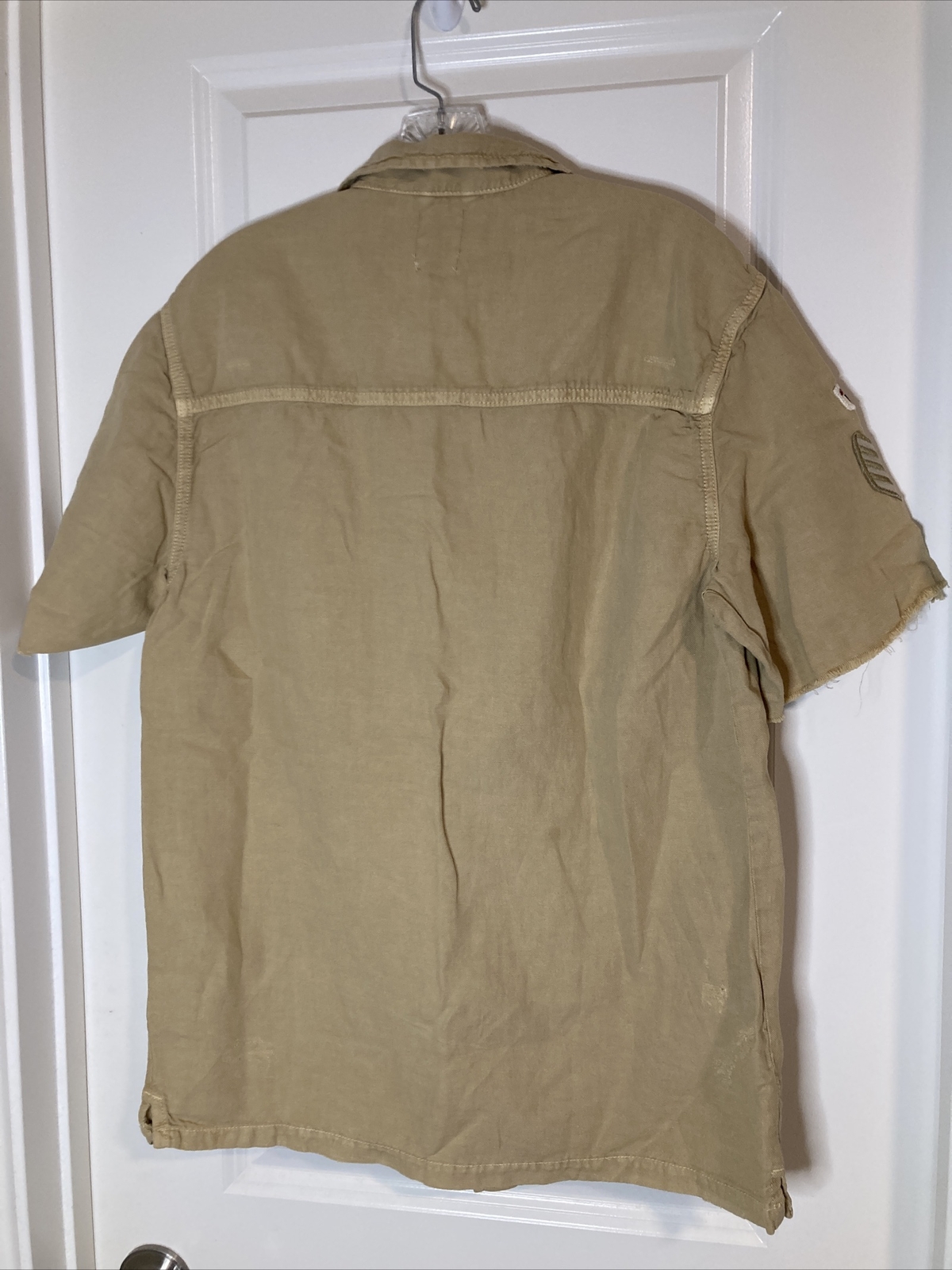 Zara Man NWT Patched Woven Button Linen Shirt Military Surplus Fatigue Sz Medium