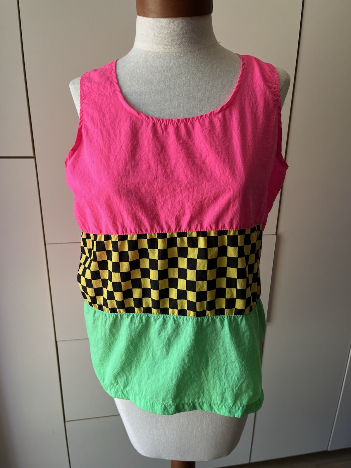 Vintage Gitano Neon Sleeveless Shirt- Colorblock Pink Yellow Green Nylon- Medium
