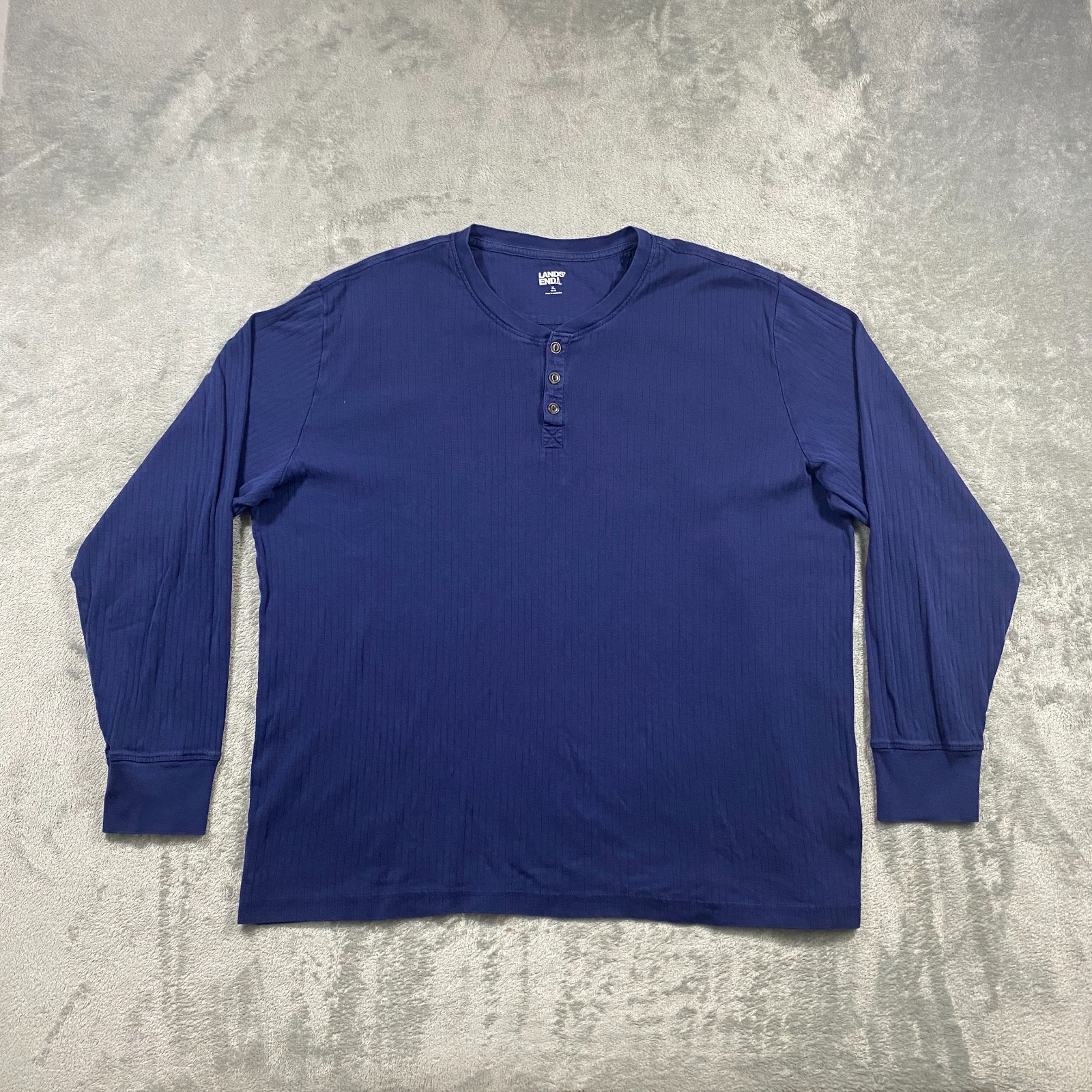 Lands’ End Henley Shirt Men’s XL Navy Blue Long Sleeve Vertical Rib Knit Cotton