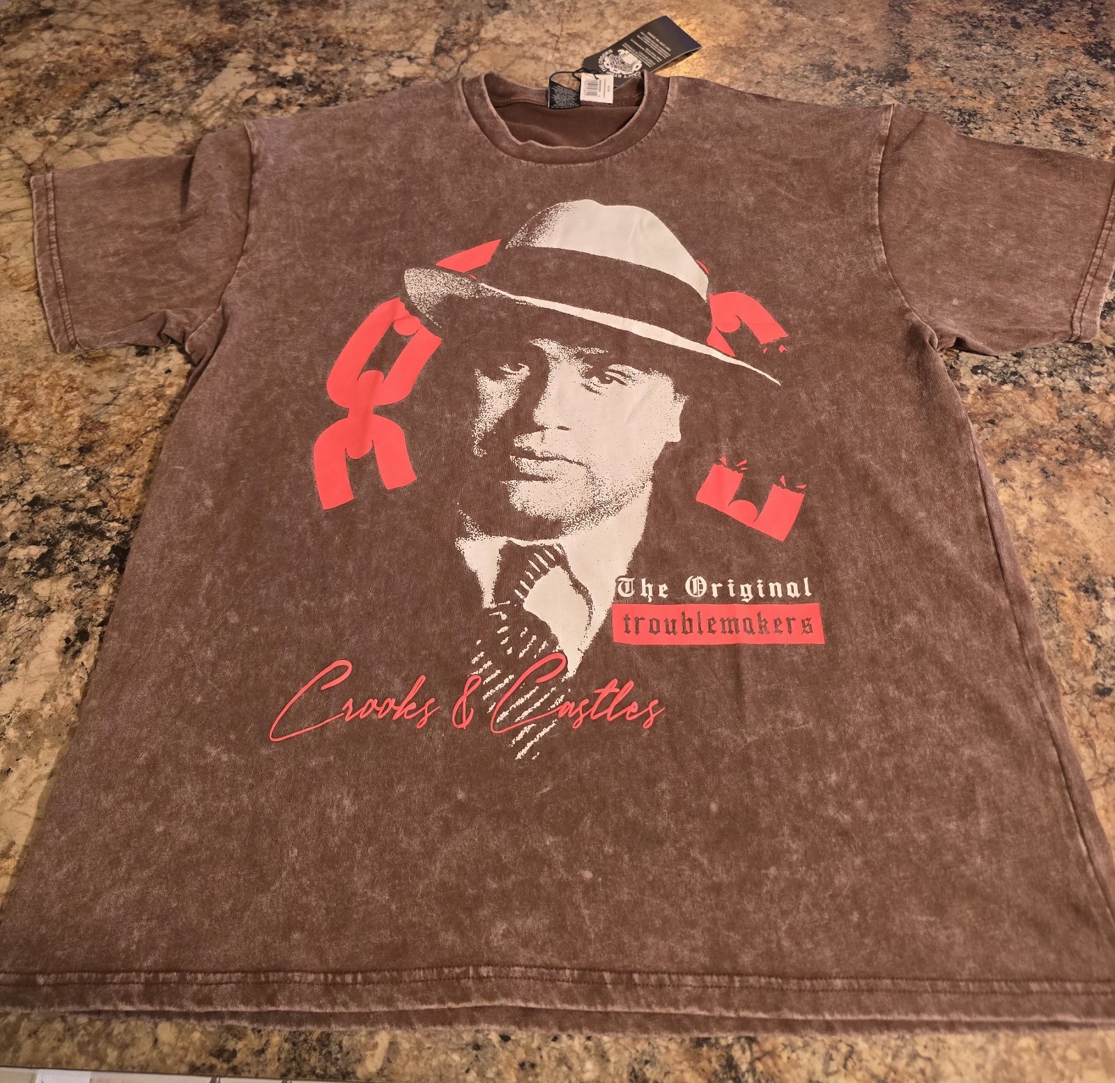 Crooks & Castles “Al Capone” size XL Washed Drop Shoulder T-shirt Brown.