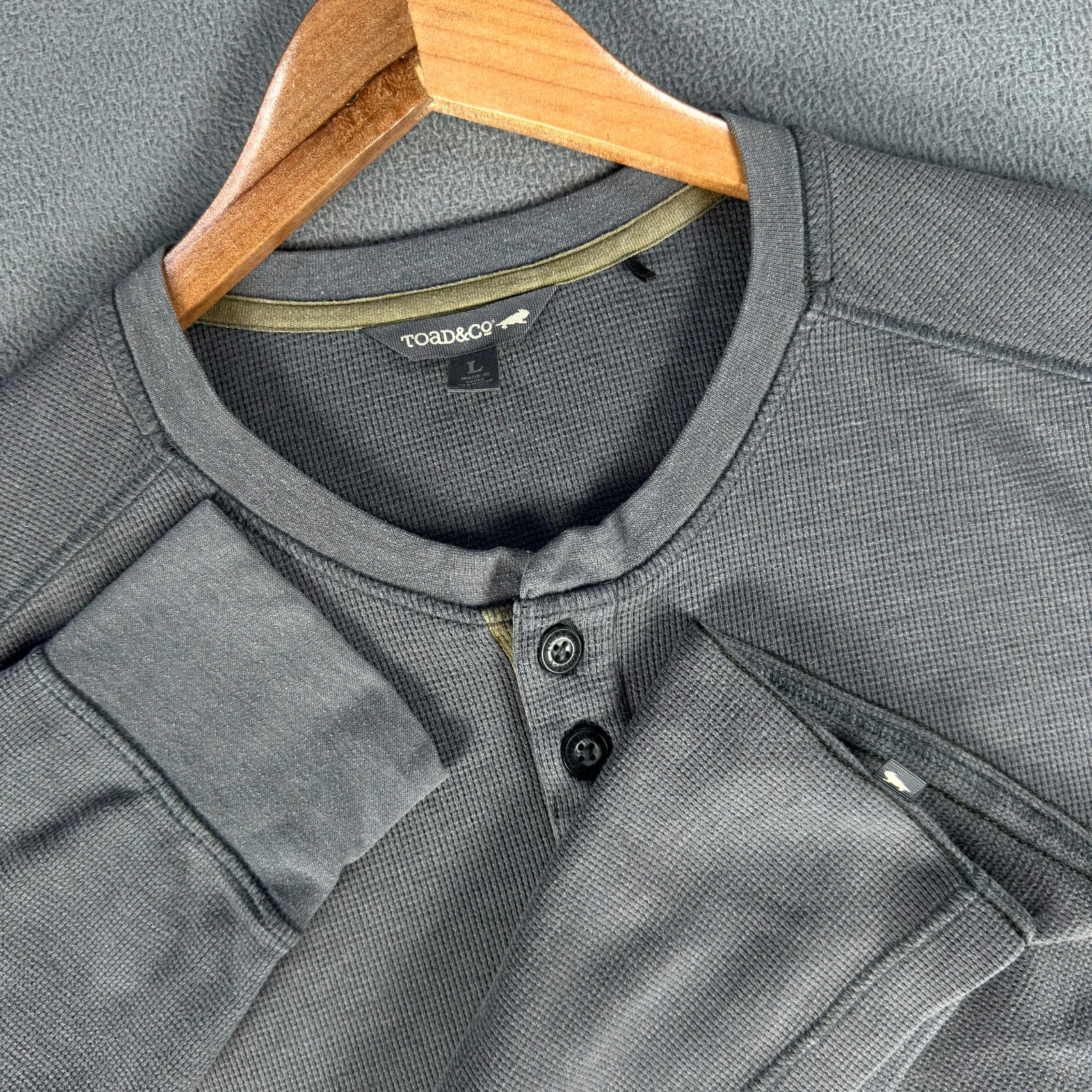 Toad Co Shirt Mens Large Grey Henley Framer Thermal Cotton Waffle Knit Organic