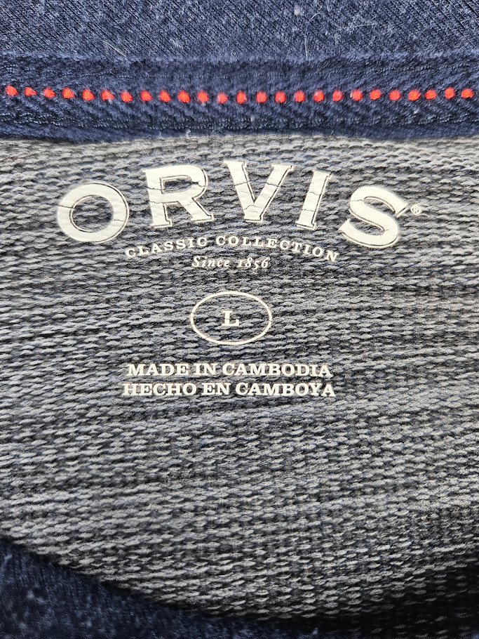 Orvis T-Shirt Mens Large Navy Blue Gray Long Sleeve Tee Cotton Crew Neck Sweater