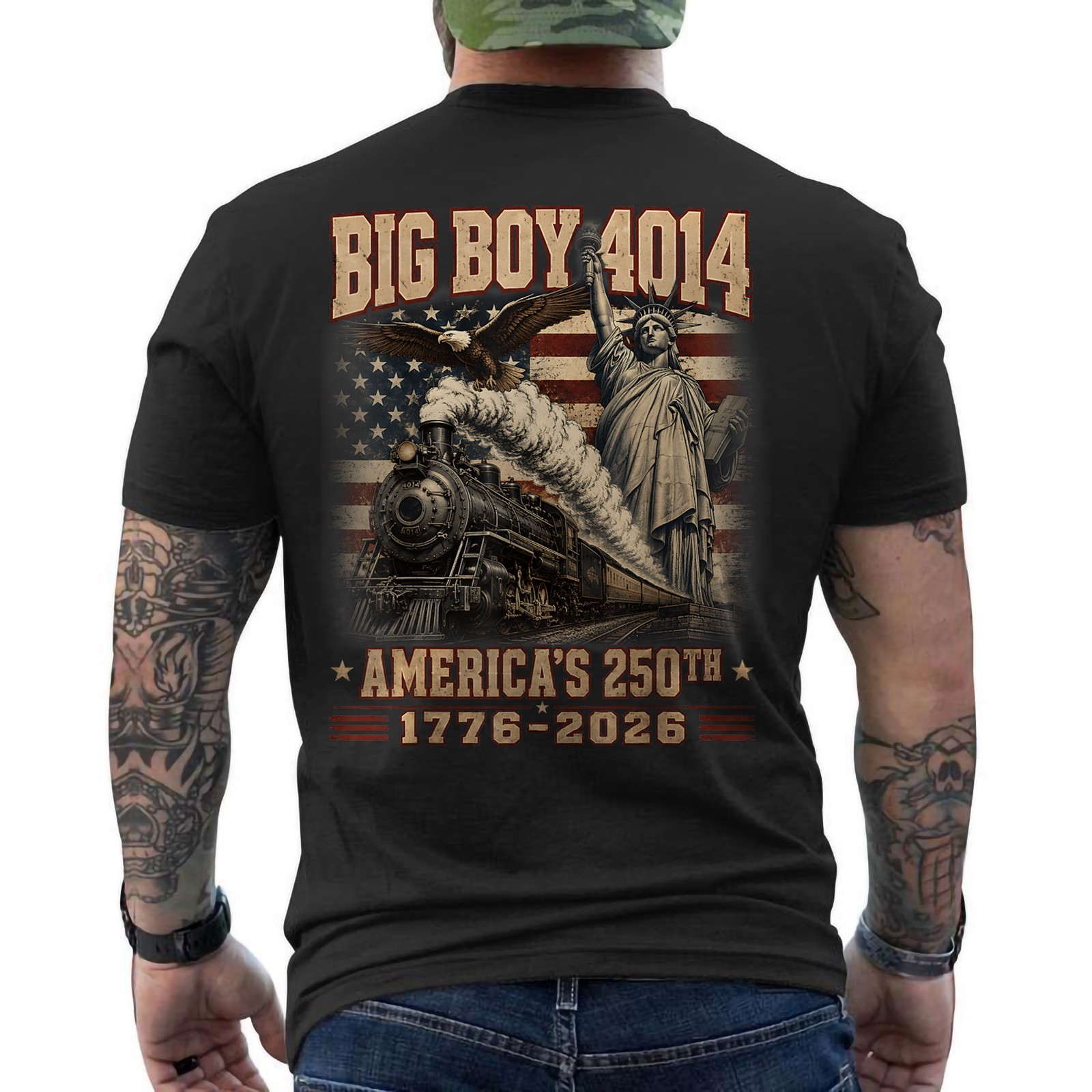250th Anniversary USA Big Boy 4014 Train Vintage US Flag ON BACK T-Shirt