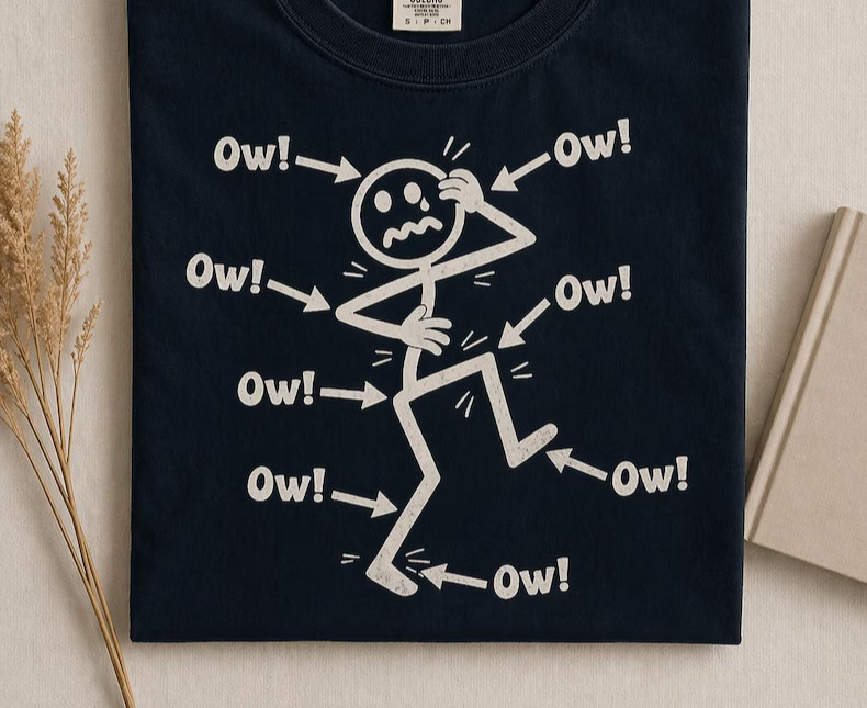 Pain Stick Figure Shirt: Ow Meme Humor Graphic, Minimalist Sarcastic Joke Tee