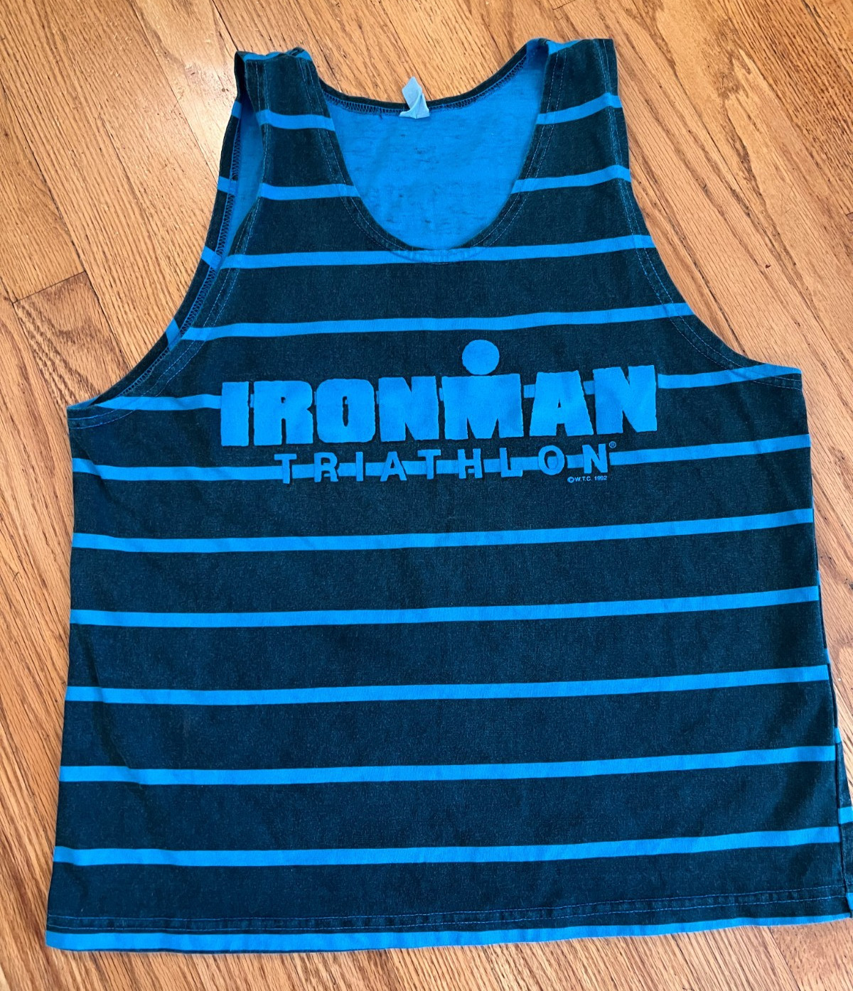 VTG 90s Ironman Triathlon Blue Striped Muscle Tank Top Shirt Medium Bodybuilding