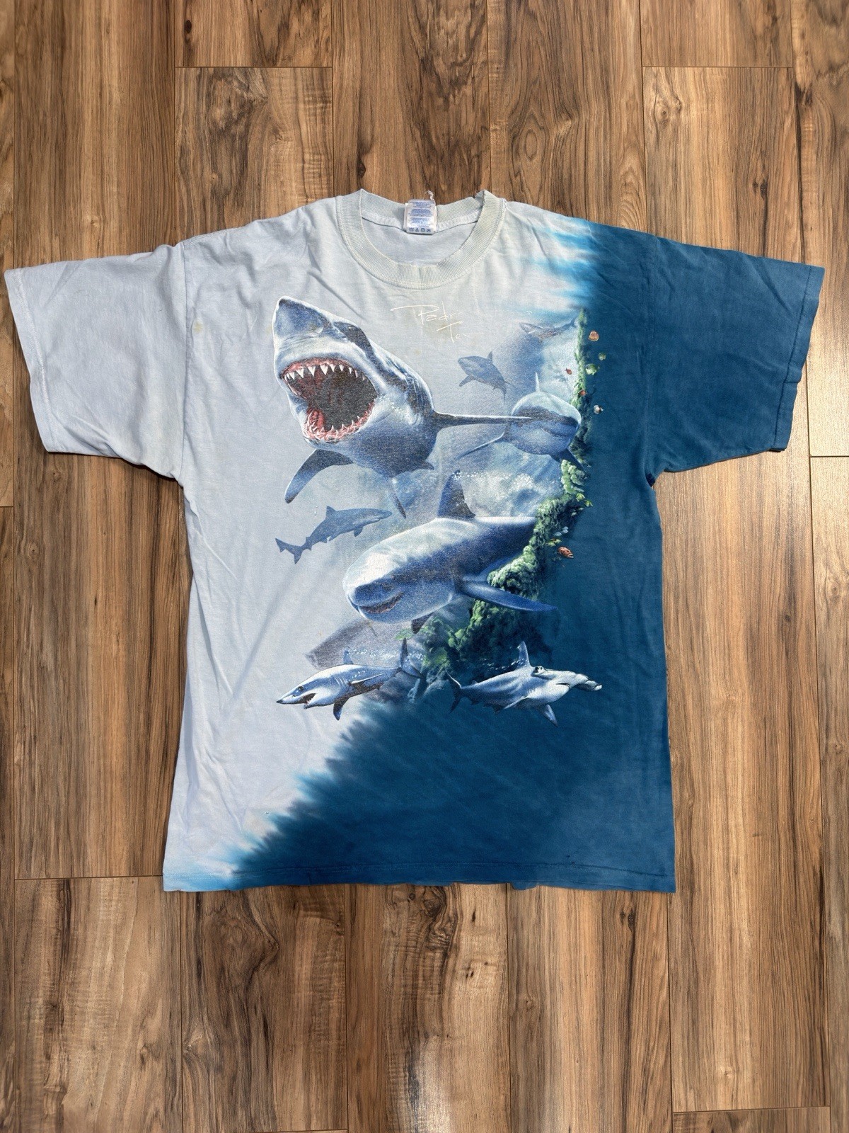 Vintage Y2K 2000 Padre Texas Sharks Aquatic Sea Turtle Blue Tie Dye Shirt XL AOP