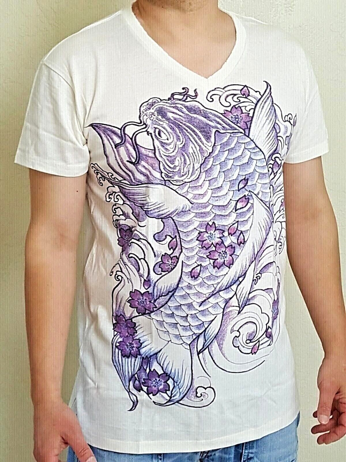 Magical Carp Koi Fish T-Shirt Men V-Neck Japanese Irezumi Tattoo Style