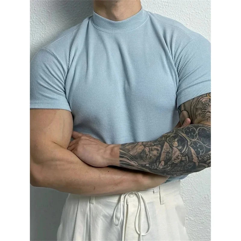 Men T Shirt Stripe Print Short Sleeve Elastic Fit High Collar Sport Gym Training