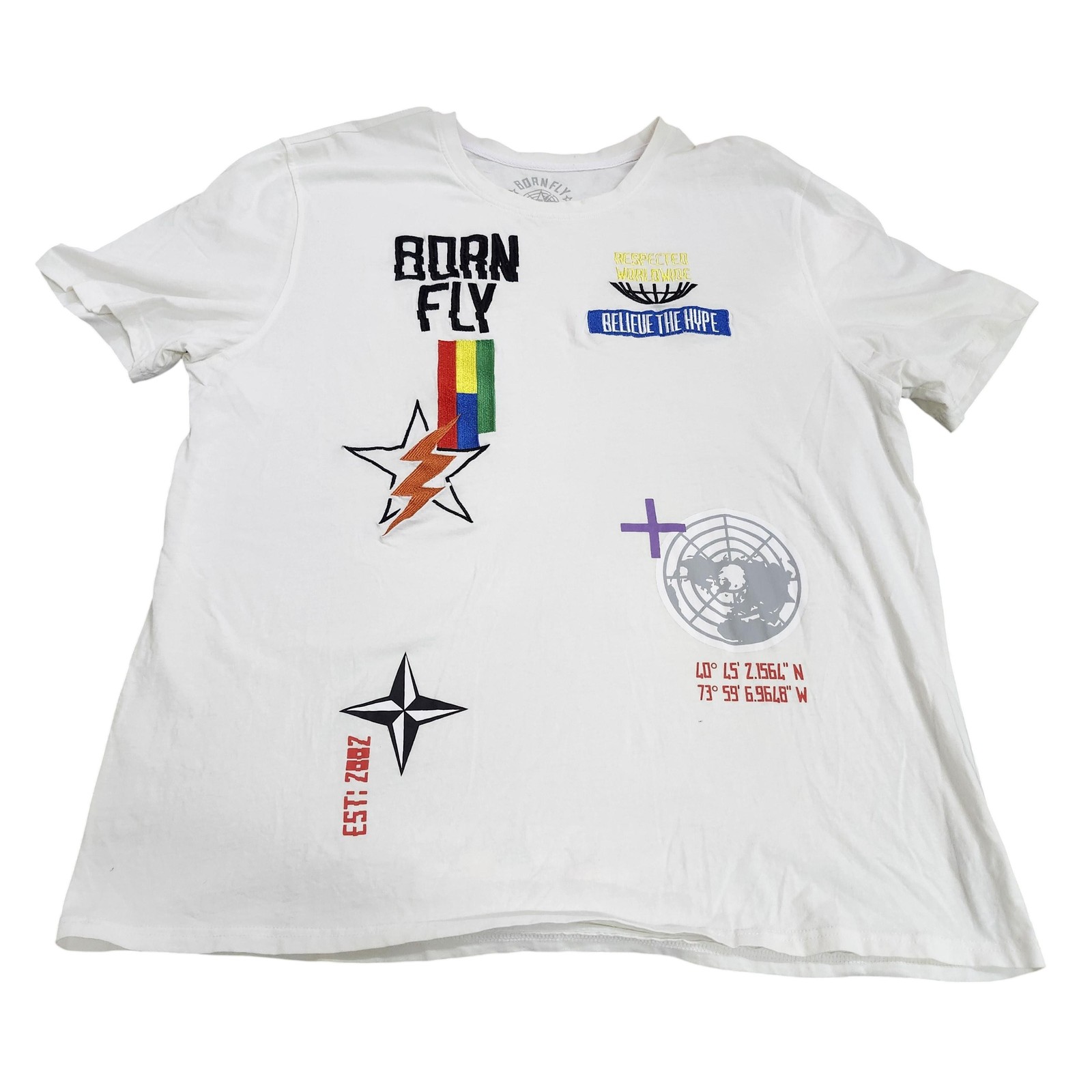 Born Fly Shirt Mens 2XL White Multicolor Patch Logo Graphic Tee Streetwear Top